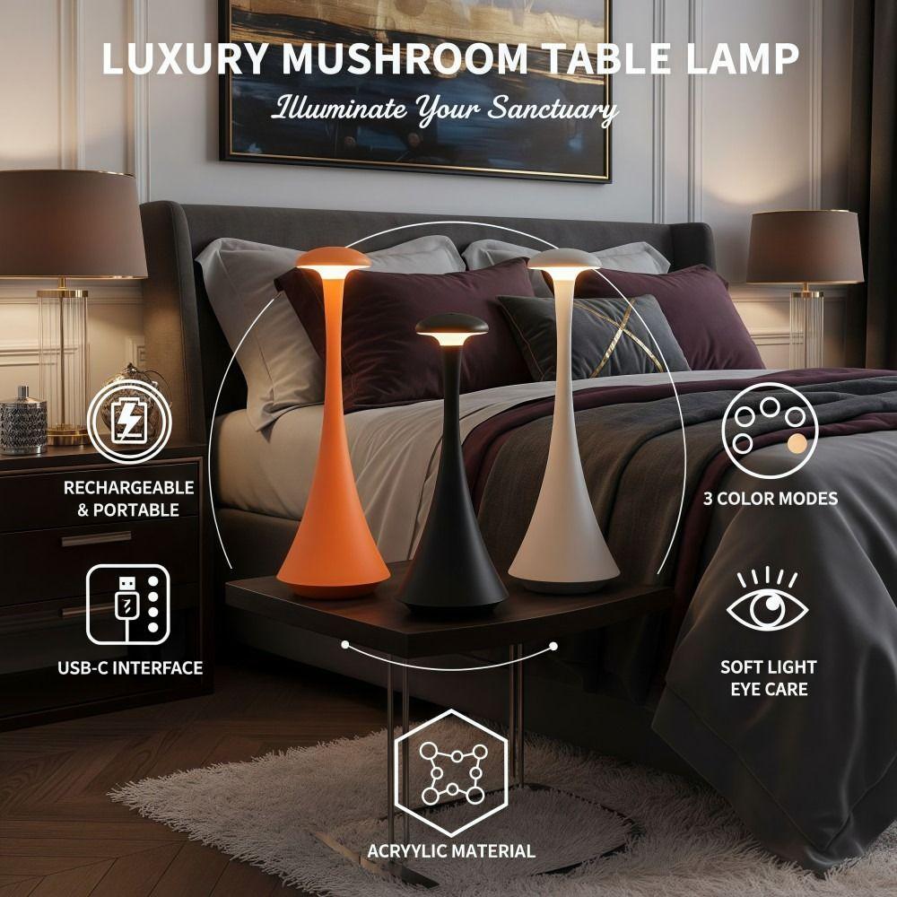 Rechargeable Mushroom Table Lamp USB-C Slim Waist Wireless Touch Lamp Soft Light Acrylic Desk Lamp Bedroom Atmosphere Light