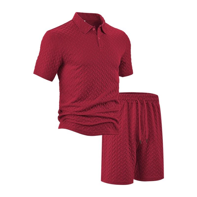 New Summer Men's Casual Loose Lapel Jacquard Short Sleeve Polo Shirt Two-Piece Suit