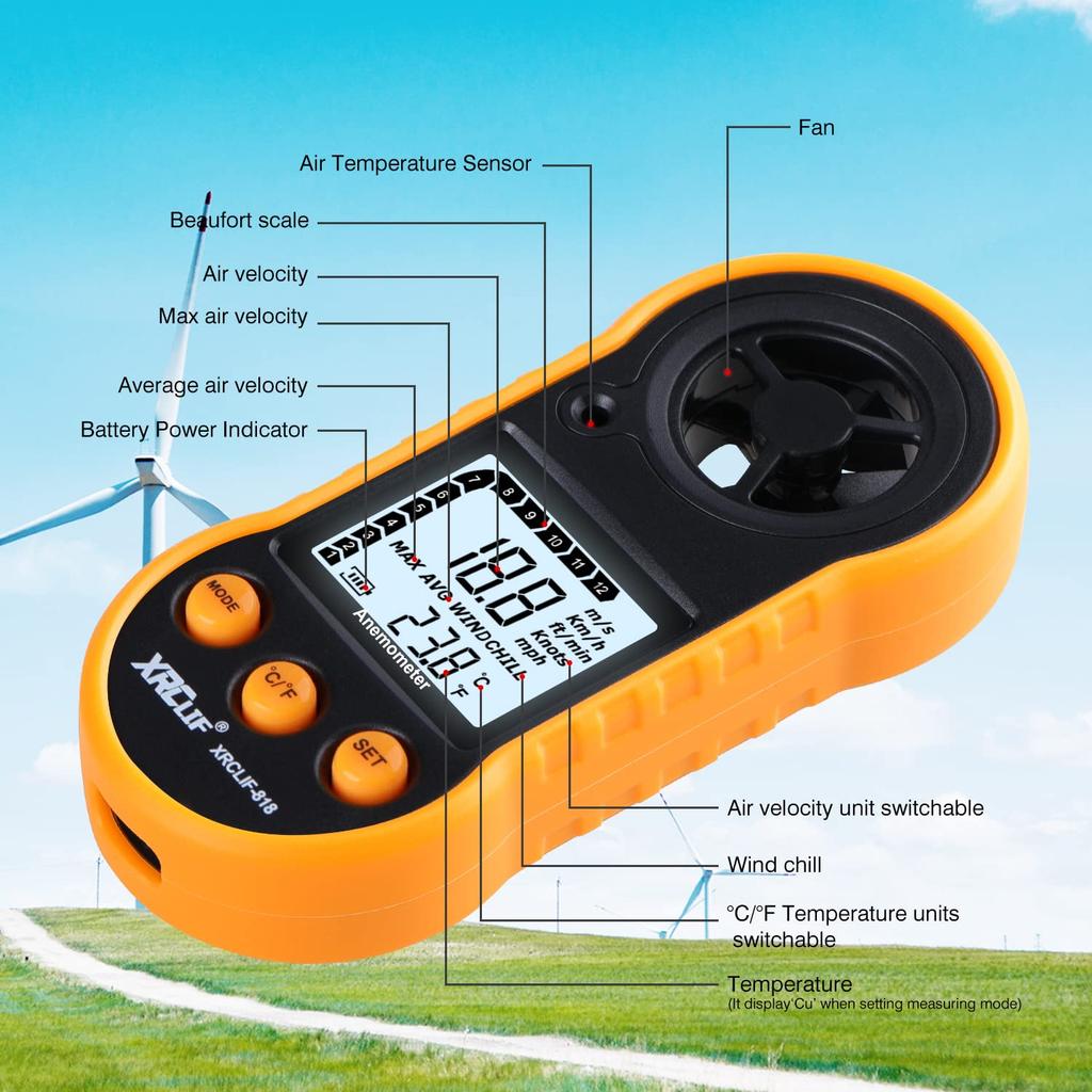 Digital Handheld Wind Speed Meter for Measuring Wind and for and More Anemometer, Chill, Temperature, Velocity, Yellow, Windsurfing, Fishing,