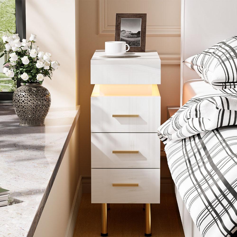 3 Drawer Bedside Table Adjustable Bluetooth Light Strip Floor Mount Wood Bedside Cabinet with Charging Station for Home EUPlug