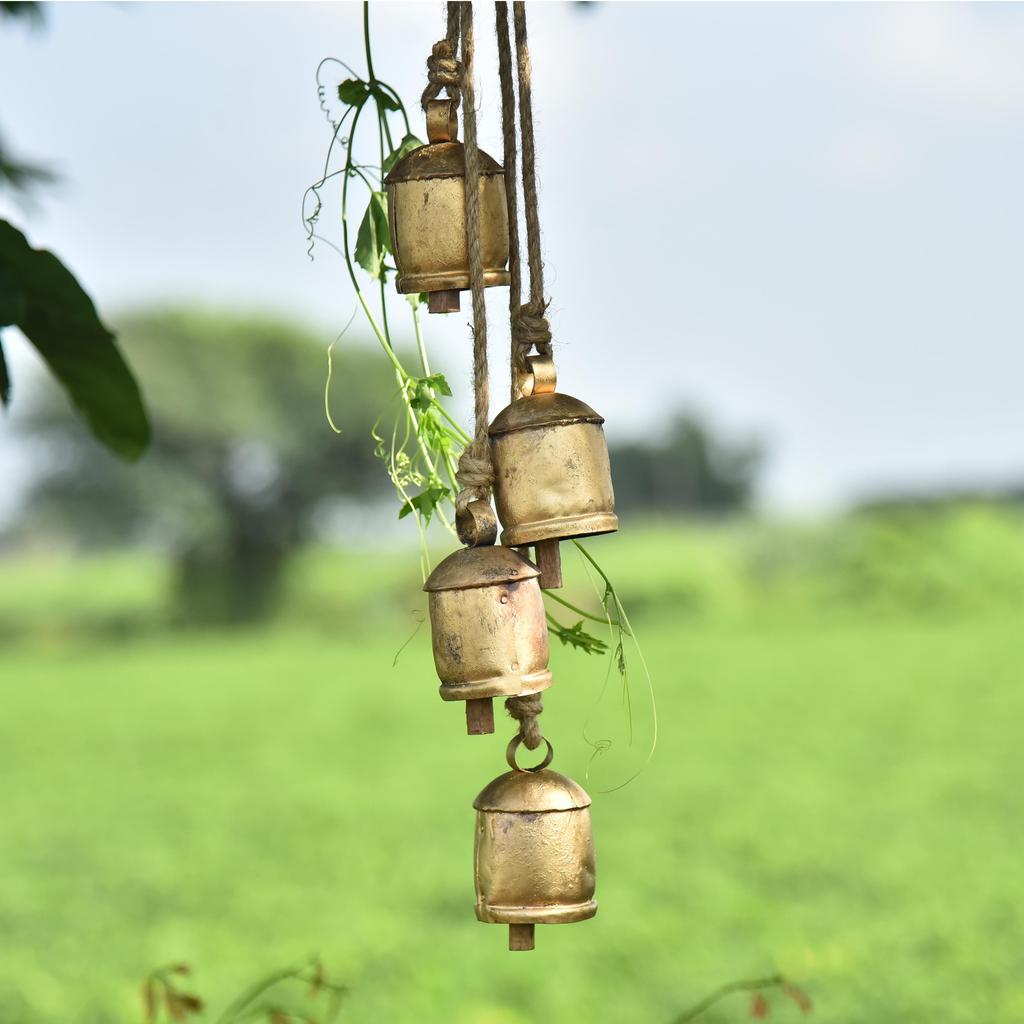 36 Inch Large Gold Cowbell Wind Chime for Outdoor Garden, Handmade Rustic Entryway Decor with Vintage Jute Rope for Patio and Porch