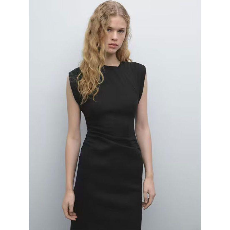 MD Women's Clothing Minimalist Fancy Waist-Tight Mid-Length Sleeveless Dress Linen Black Dress Female 06648589800