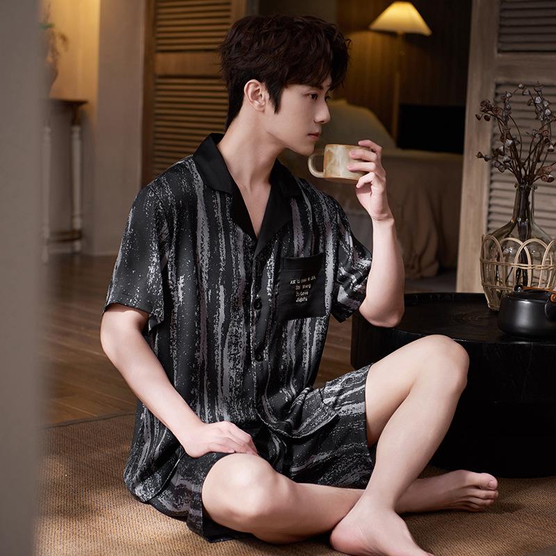 Pajamas Men's Satin Ice Silk Summer Short Sleeve Printing Casual High-end Simulation Silk Men's Loungewear Set Large Size