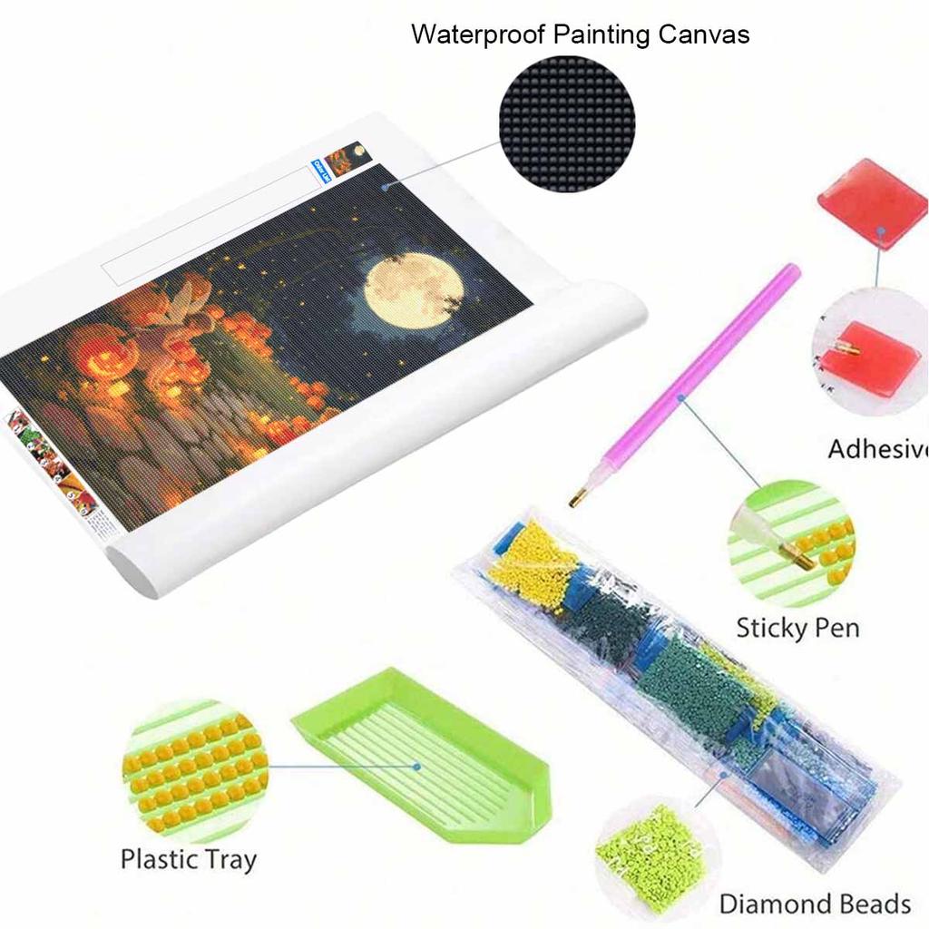 DIY Full Drill Diamond Painting Kit Fairy Halloween Pumpkin Moon Scene Rhinestone Canvas Art Relaxing Handmade Gift for Adults