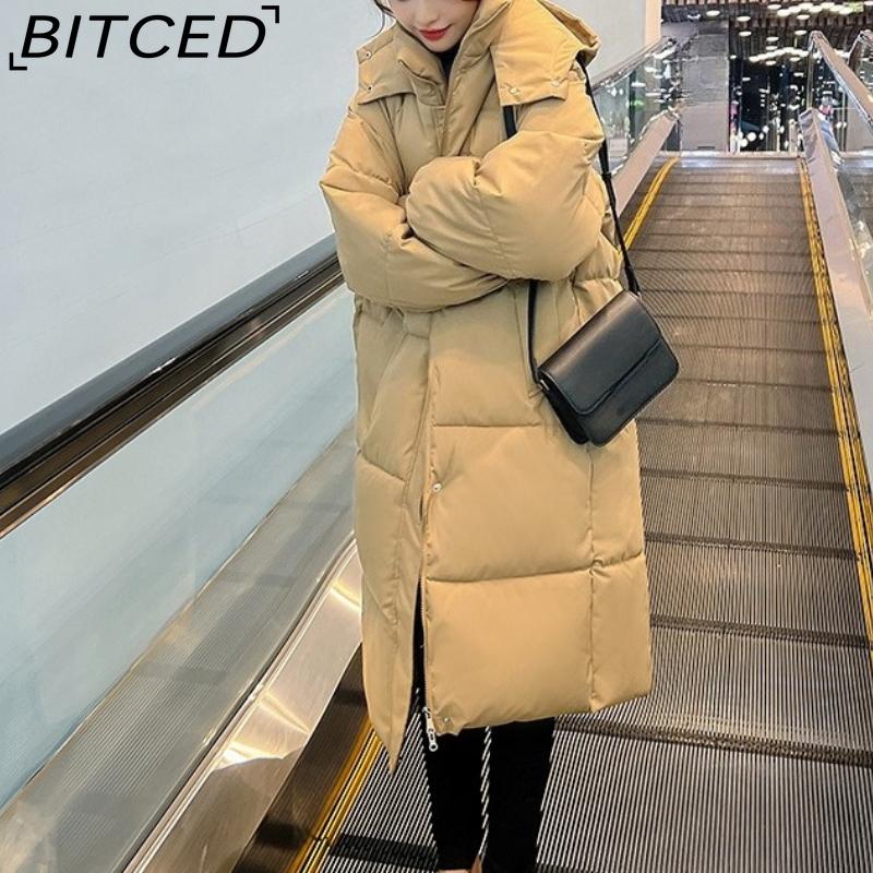 BITCED Women's Long Winter Coat - Knee-Length, Loose-Fit Down Jacket, Thickened Cotton-Padded Coat