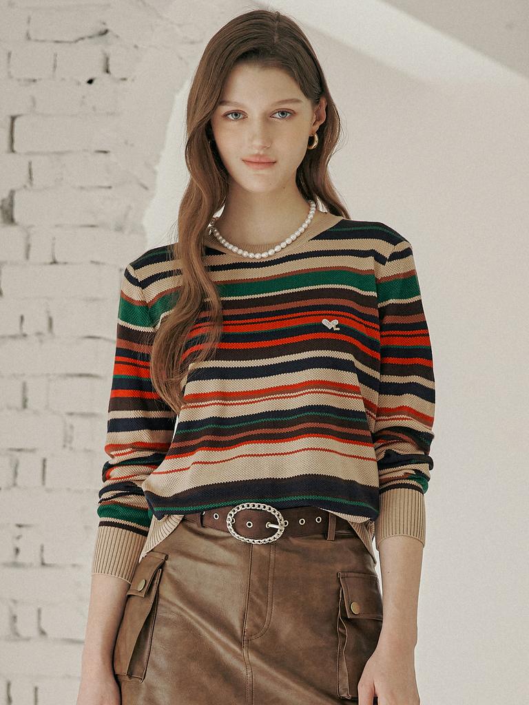 MAXZA Multi-Stripe Pattern Round Neck Knit