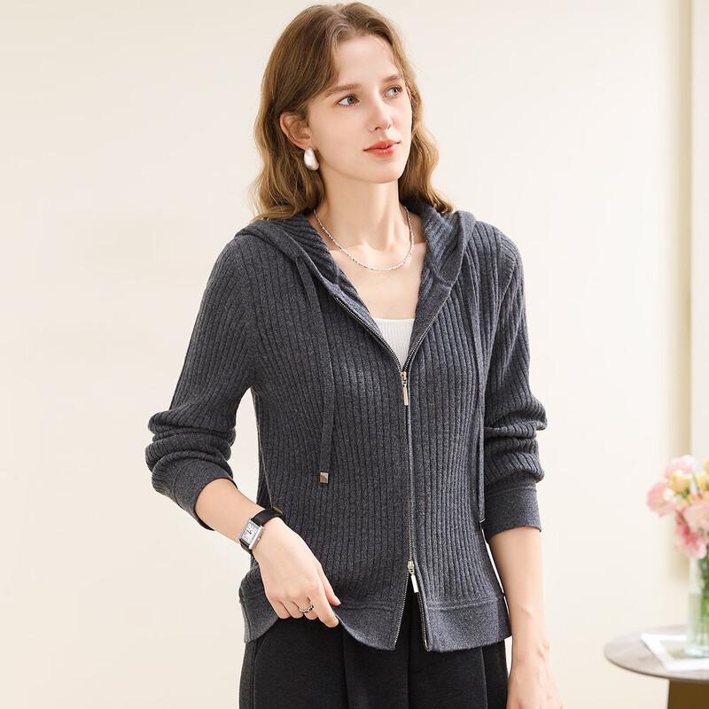 TUHUANG Pure Cashmere Hooded Ribbed Full-Zip Cardigan XL