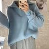 Autumn Loose Solid Color Half-Zip Knit Sweater with Turn-Down Collar for Women
