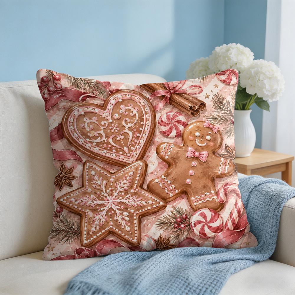 Christmas Pink Gingerbread Cushion Cover Square Pillow Bedroom Sofa Leisure Comfort Living Room Home Decoration X