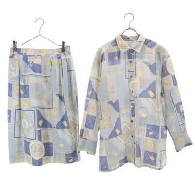 Silk Blend Riding Pattern Long Sleeve Shirt Setup 9R Blue Skirt Women Used