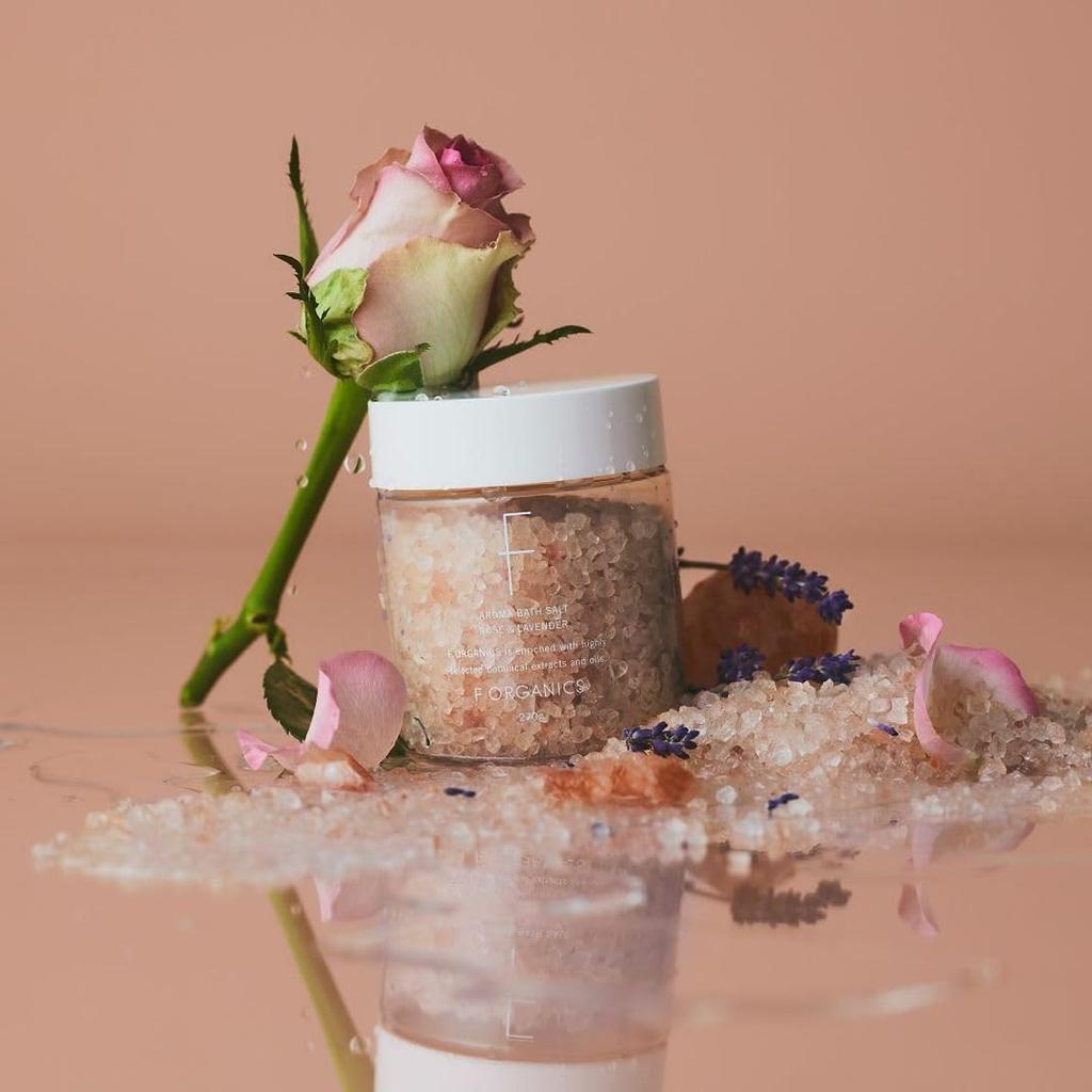 F organics Aroma Bath Rose Bath Salts with Effects and COSMOS ORGANIC Certified Salts, & Lavender, 270g, Heat-Retaining Skin-Beautifying Ingredients,