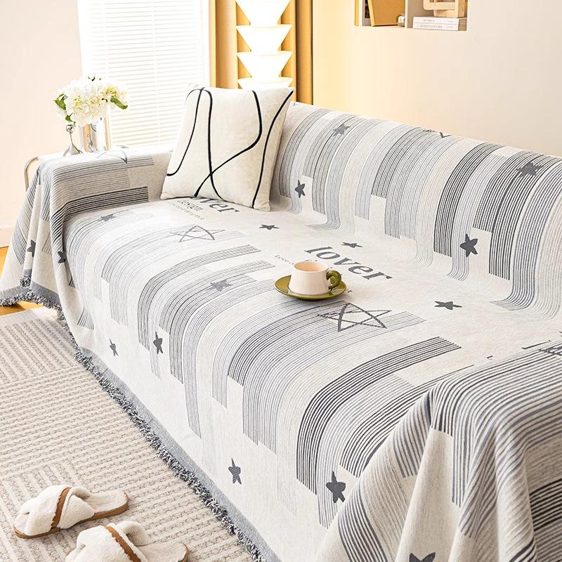 Anti Cat Scratch Sofa Towel with Tassel Nordic Printed Non Slip Blanket for Living Room Multi-Purpose Dust Cover for All Seasons