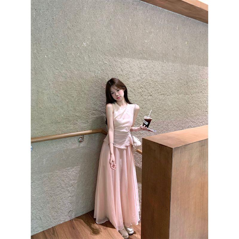 Kumikumi Sweet Style Fake Two Pieces Patchwork Vest One Piece Dress Women Clothing Summer Slimming Pink Large Swing Skirt Long Dress