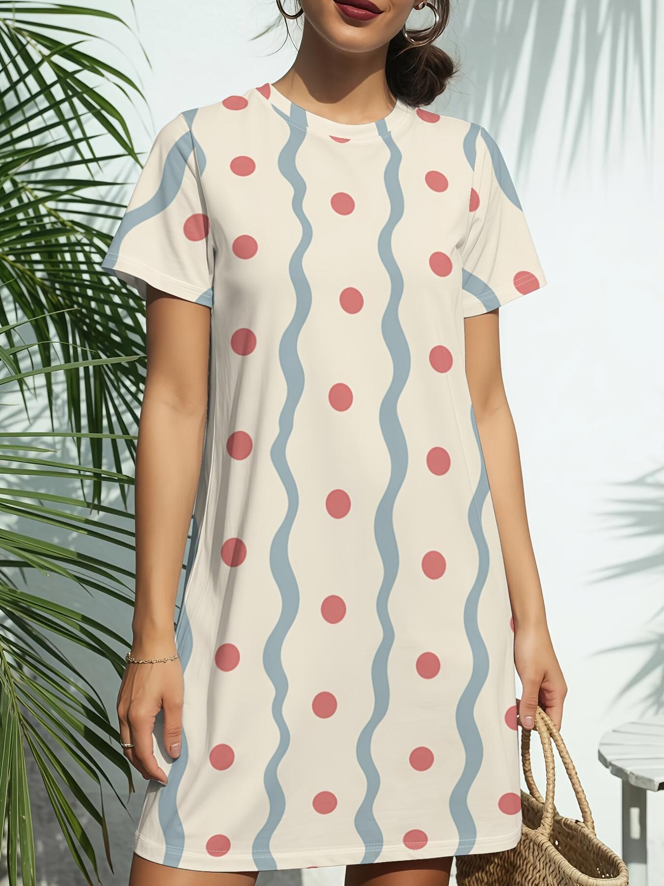 

Wavy Dots New Women S Round-Neck Short-Sleeve T-Shirt Dress Features American Fashion Trends with Digital Prints. Perfect for Casual Wear in Spring A 4XL дубильная кора