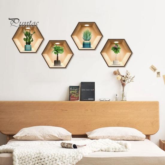 4Pcs/Set Potted Plants Wall Sticker 3D Effect Self-adhesive Waterproof PVC Removable Living Room Bedroom Modern Wall Art Green Plant Decoration Decal