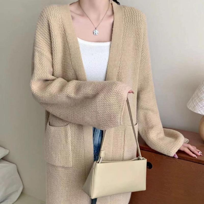 New Autumn and Winter Gentle Niche Medium and Long Solid Color Pocket Knitted Cardigan Soft Waxy Sweater Jacket Women