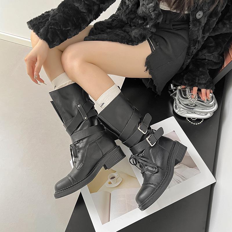 2025 Autumn/Winter Women's Retro British Mid-Calf Lace-Up Belt Buckle Martin Boots - Thick Sole, Height Increasing Western Style