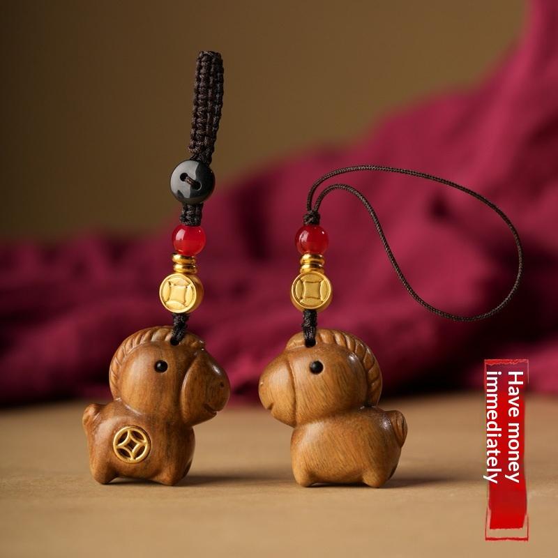 Cute Zodiac Horse Key Chain Cartoon Sandalwood Bag Pendant Handmade Rope Lanyard Chinese Style Key Ring Car Key Chain Pendant