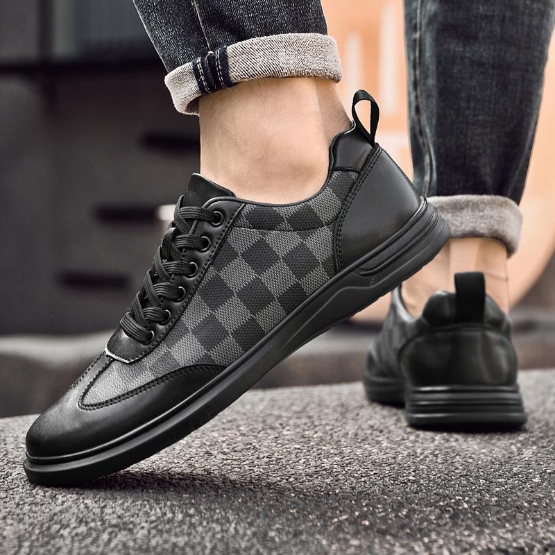 282 Men'S Shoes Fashion Leather Shoes Spring Low-Top Plaid Cowhide Surface Flat-Soled Casual Shoes Lace-Up Board Shoes Single Shoes