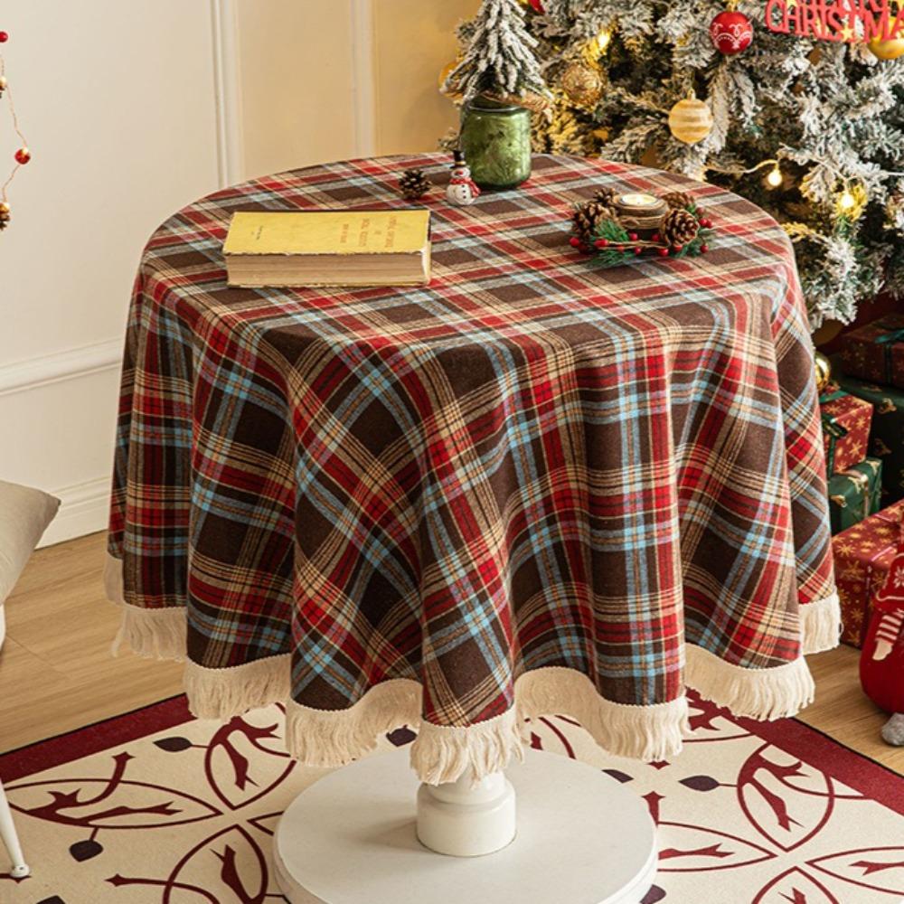 Christmas Plaid Round Tablecloth with Fringe Classic Red Green Checkered Retro Party Decor Dining Table Cover