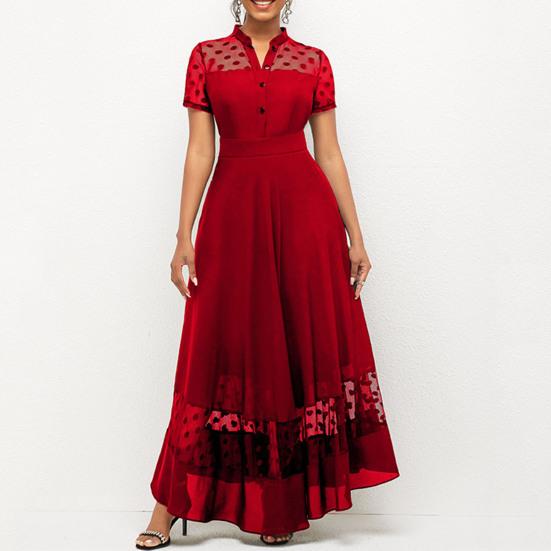Women Summer Dress Mesh Dot Pattern V Neck Chiffon Slim Large Hem Long Dress for Cocktail Party