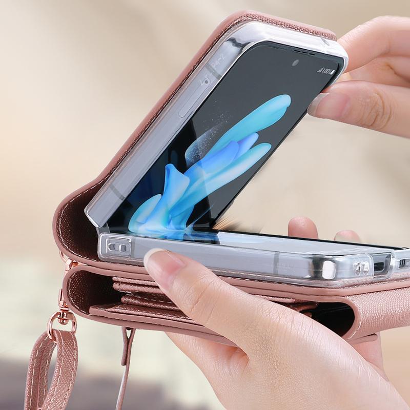 For Samsung Galaxy Z Flip5 5G Case Card Bag Kickstand PU Leather PC Phone Cover with Strap