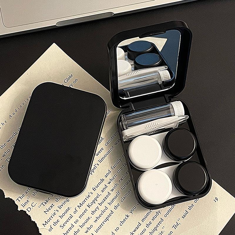 

Contact Lens Case For 2 Pairs Portable Storage Box with Mirror Matte Finish Eye Care Container Tweezers Kit Outdoor Holder чорний