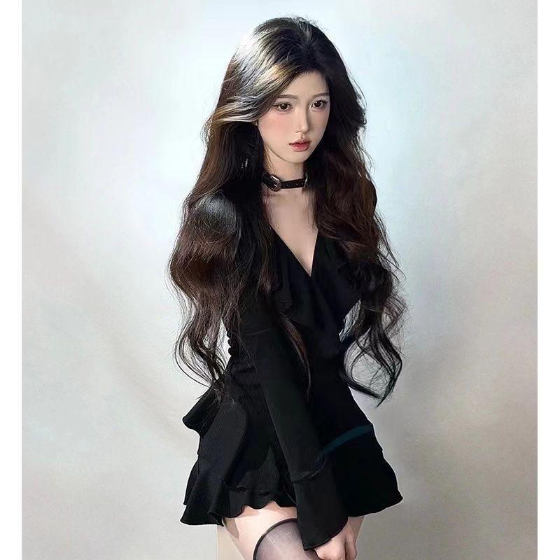 Women's Black Ruffle Bell Sleeve V-Neck A-Line Dress - Elegant Waist-Defining Spring & Autumn Short Skirt