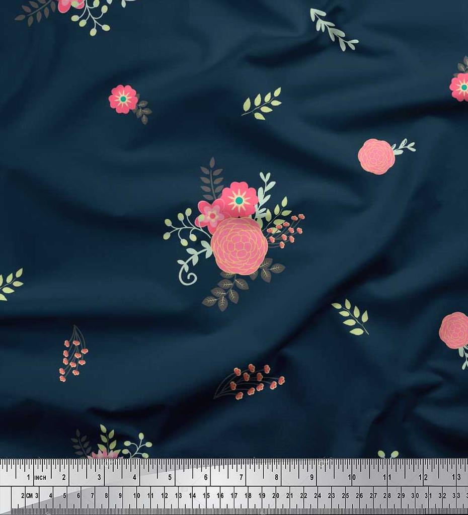 Soimoi Japan Crepe Satin Fabric Leaves,Aster & Camellia Flower Printed Craft Fabric by the Metre 42 Inch