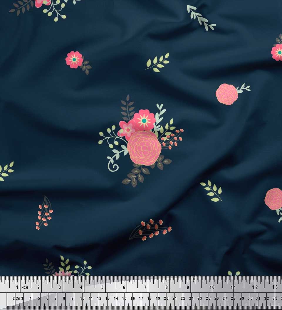 

Тканина для рукоділля Soimoi Japan crepe satin Leaves, Aster & Camellie Flower Flower Flower 42 дюйми 42 Inch Wide - Poly Crepe оксфорд синього кольору