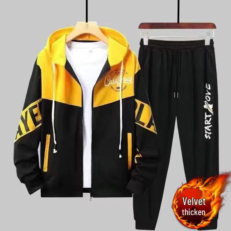 Men's Trendy Hooded Fleece Sweatshirt & Casual Baseball Uniform Two-Piece Set for Autumn/Winter Teens