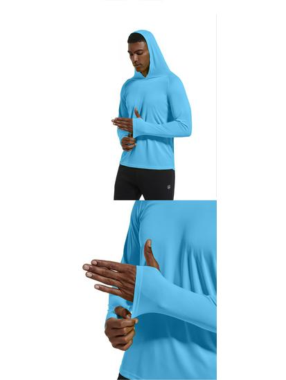 Men's UV Protection Hooded Slim Fit Sun Shirt, UPF50+, for Summer Outdoor Activities Like Beach, Hiking, Climbing, and Fishing.