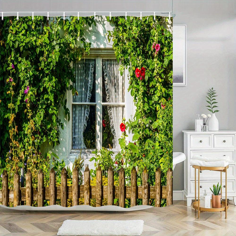 

Rustic Stone Cottage & Red Geraniums Shower Curtain - 70x70in Countryside Design, Polyester W90xH180cm