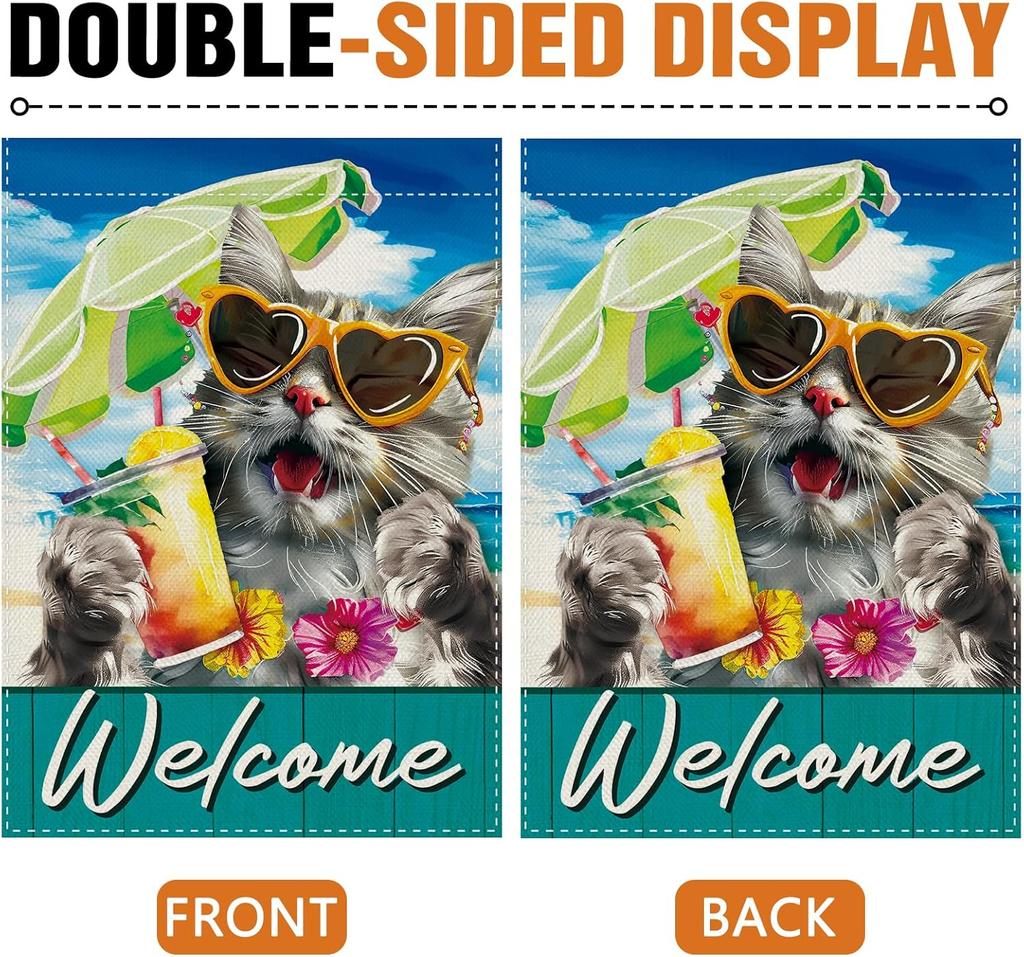 Dyrenson Welcome Summer Beach Cat Decorative Garden Flag, Coastal Sunshade Yard Outside Home Decoration Pet Owner Lover Gift