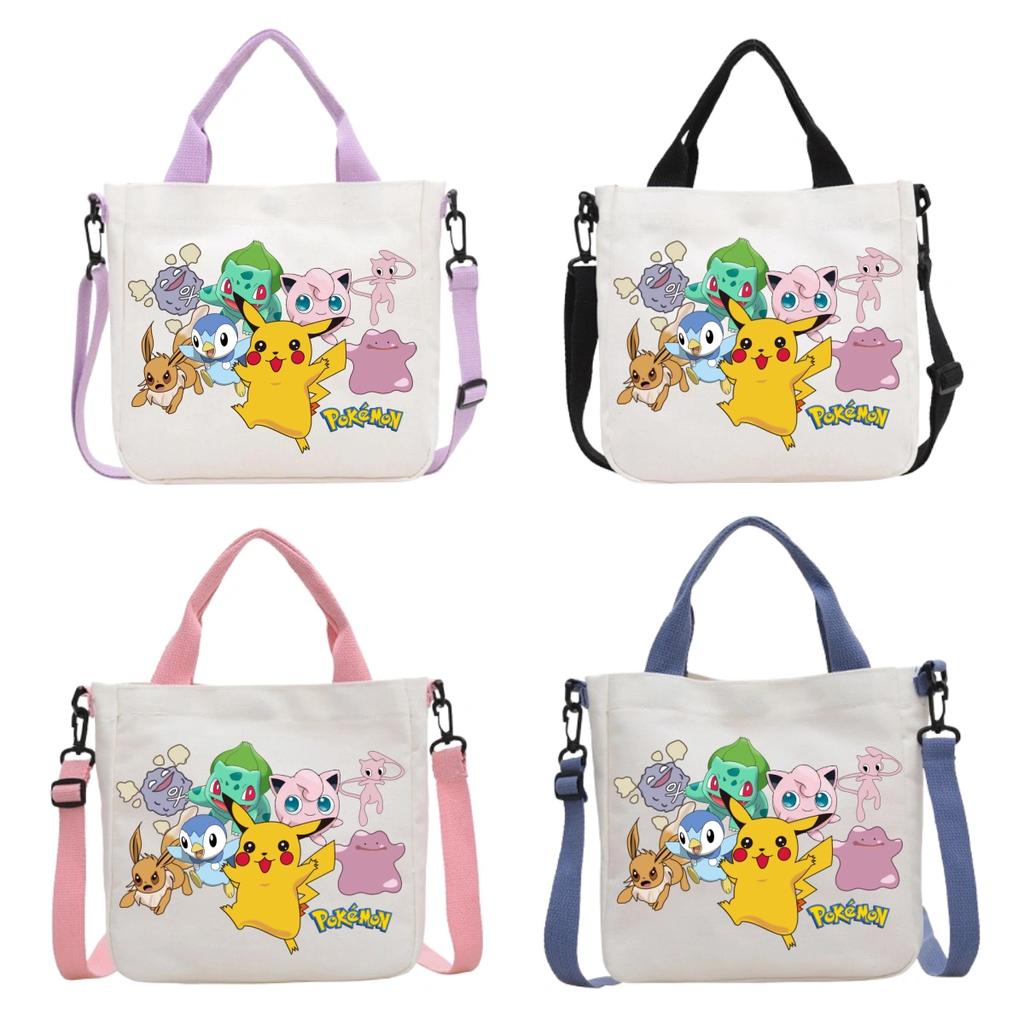 Pokemon Canvas Crossbody Bag Pikachu Cartoon Pattern Print Handbag Fashion Portable Large Capacity Travel Shopping Storage Kid Friendly Entertaining