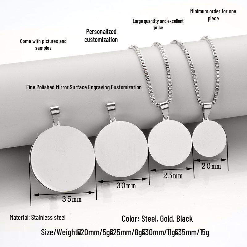 Stainless Steel Mirror-Finish Pet Tag Pendant - Engravable Round Necklace