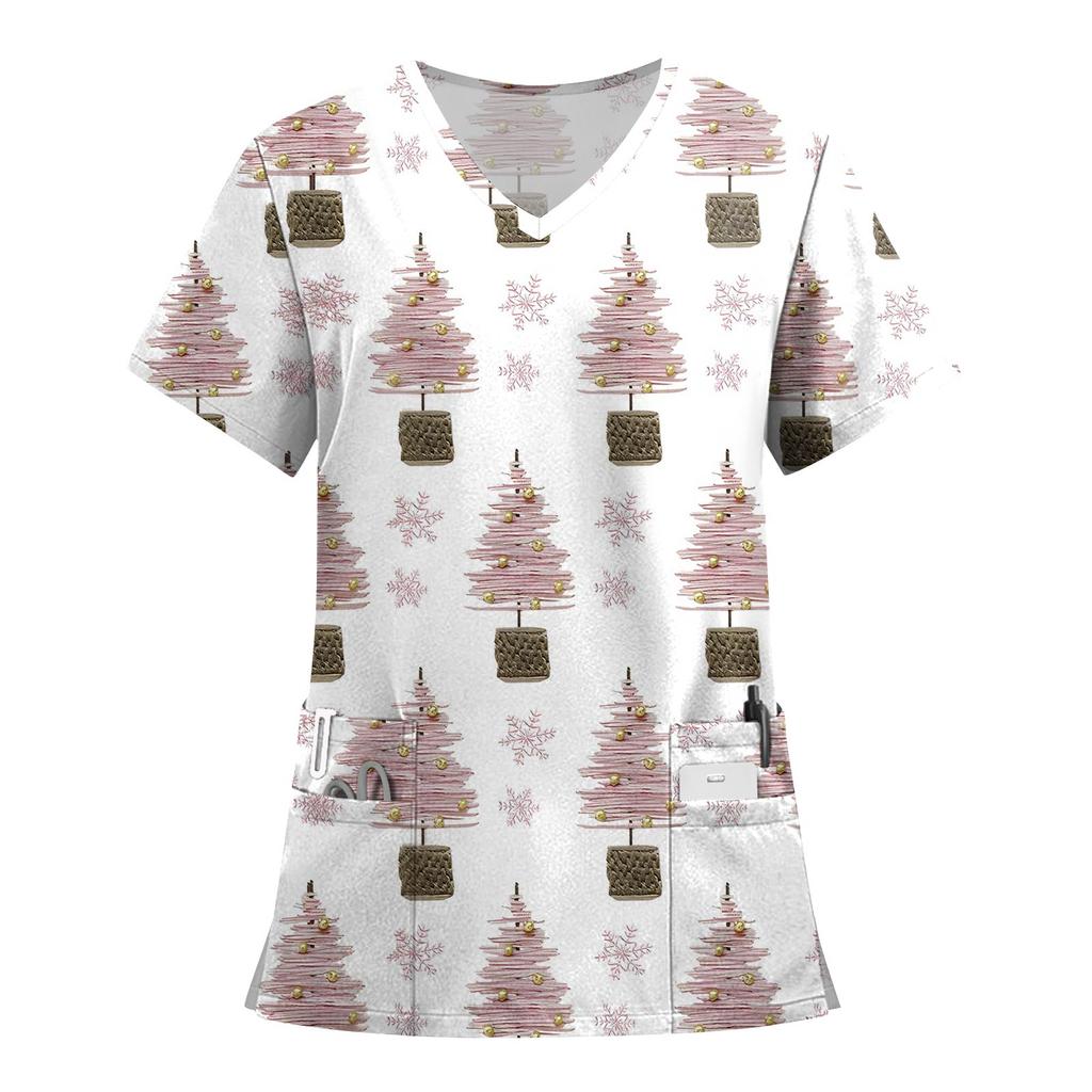 Women's Fashion Printed Short Sleeve V Neck Pattern Tops Pocket Working T-shirts