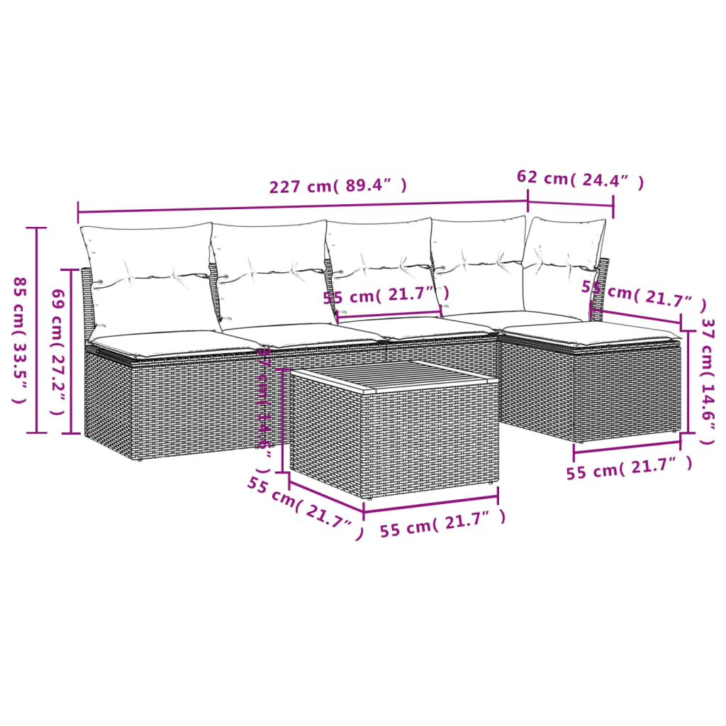 Vidaxl 6-Cz. Garden Furniture Set With Cushions, Black Poly Rattan