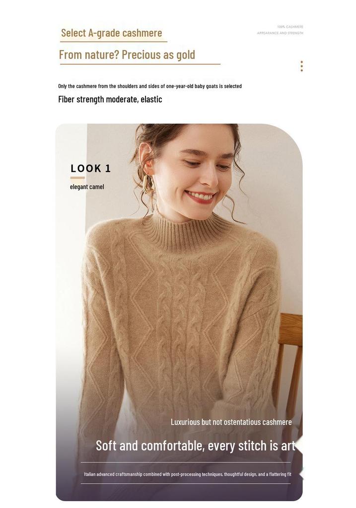 2025 Autumn-Winter Women's Retro Cashmere Cable Knit Sweater, Half-High Collar, Loose Slim Fit