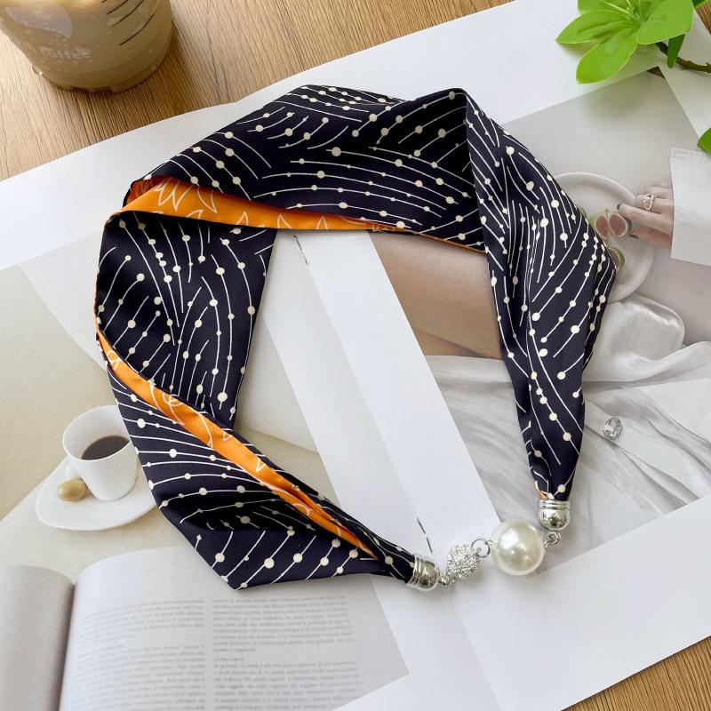 > New Magnetic Pearl Silk Scarf Necklace: Versatile High-End Neckerchief & Wrist Scarf