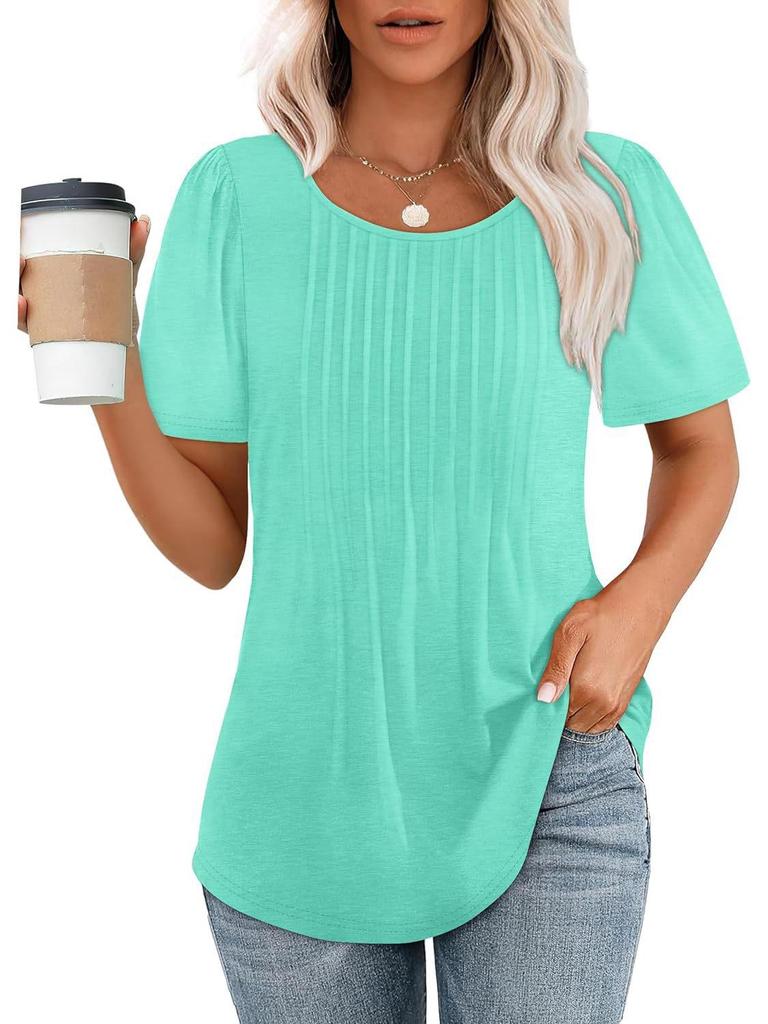 Pleated Round Neck Short Sleeve Women's T-Shirt - New 2024 European & American Style