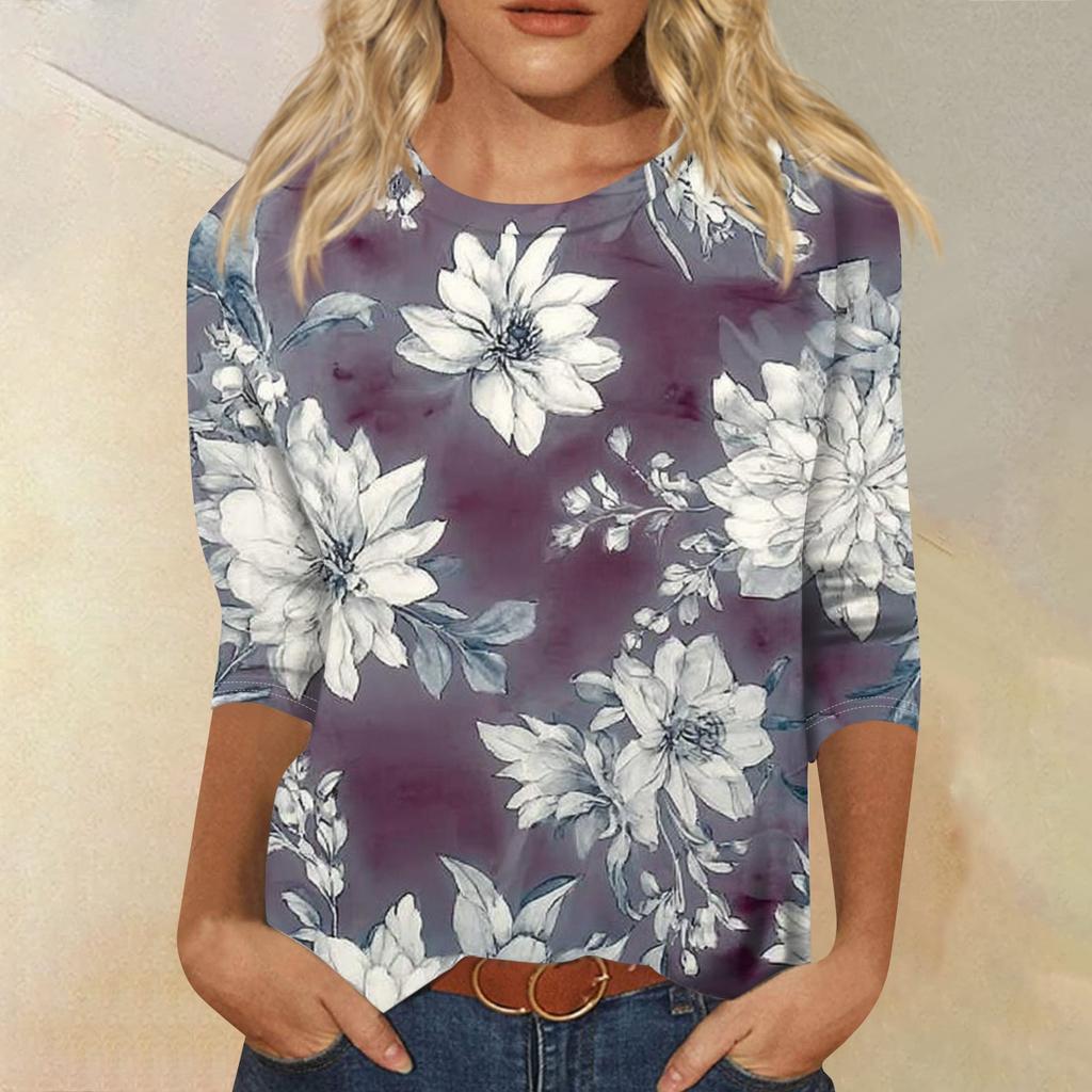 Damenmode Lässiges T-Shirt mit Rundhalsausschnitt und Dreiviertelärmeln und Aufdruck