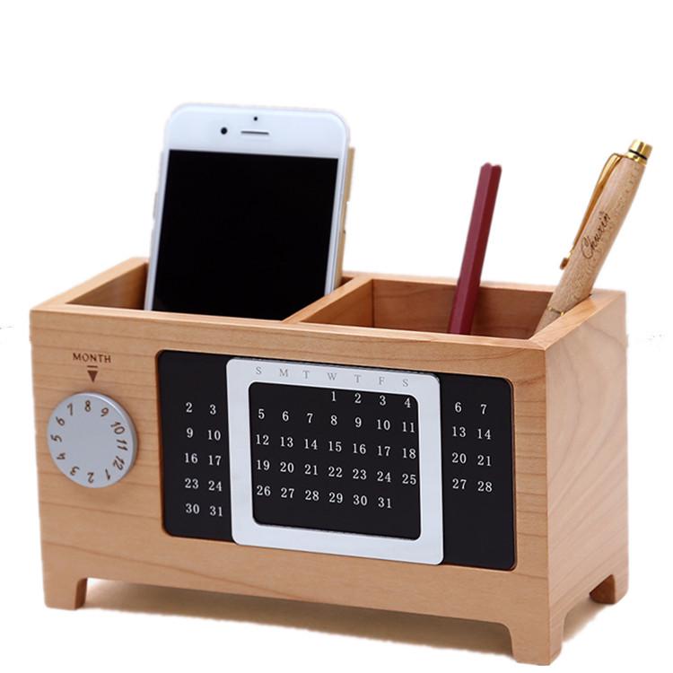 Available Solid Wood Desk Organizer: Perpetual Calendar & Pen Holder With Wooden Compartments and Chopstick Storage