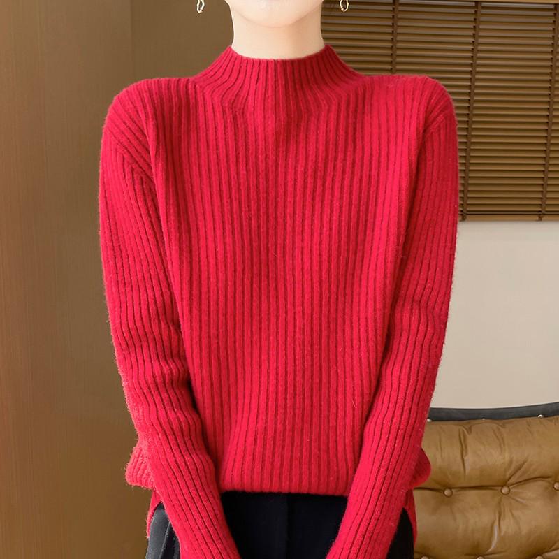 Women's Cashmere Striped Slimming Knit Sweater - Half-High Neck Autumn/Winter Base Layer