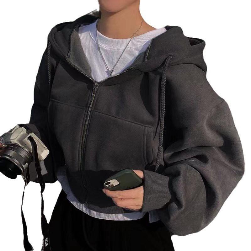 Womens Zip-Up Hooded Long Sleeve Oversized Casual Sweatshirt In Solid Colors Streetwear Style