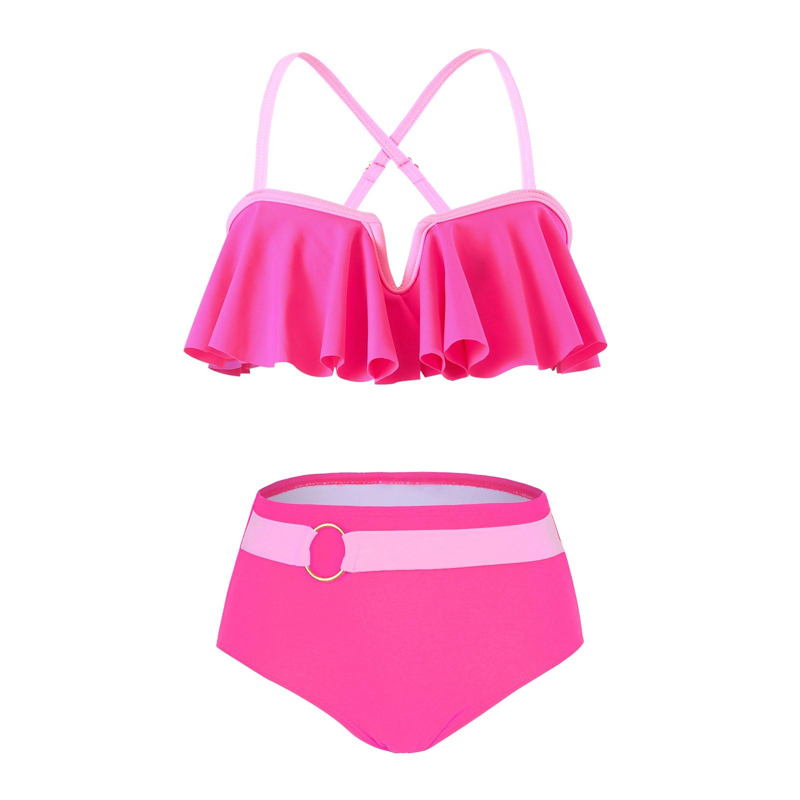 

Детский цветной контрастный цветной модный раздельный купальник с фланцами 128 розовый