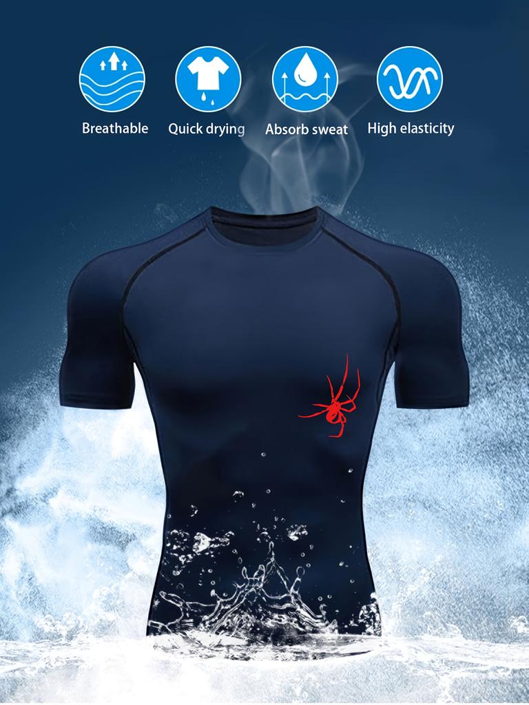 Men Short-Sleeve Compression T-Shirt Breathable Quick-Drying High Elasticity Spider Print, Running, Cycling, Gym Workouts Shirts