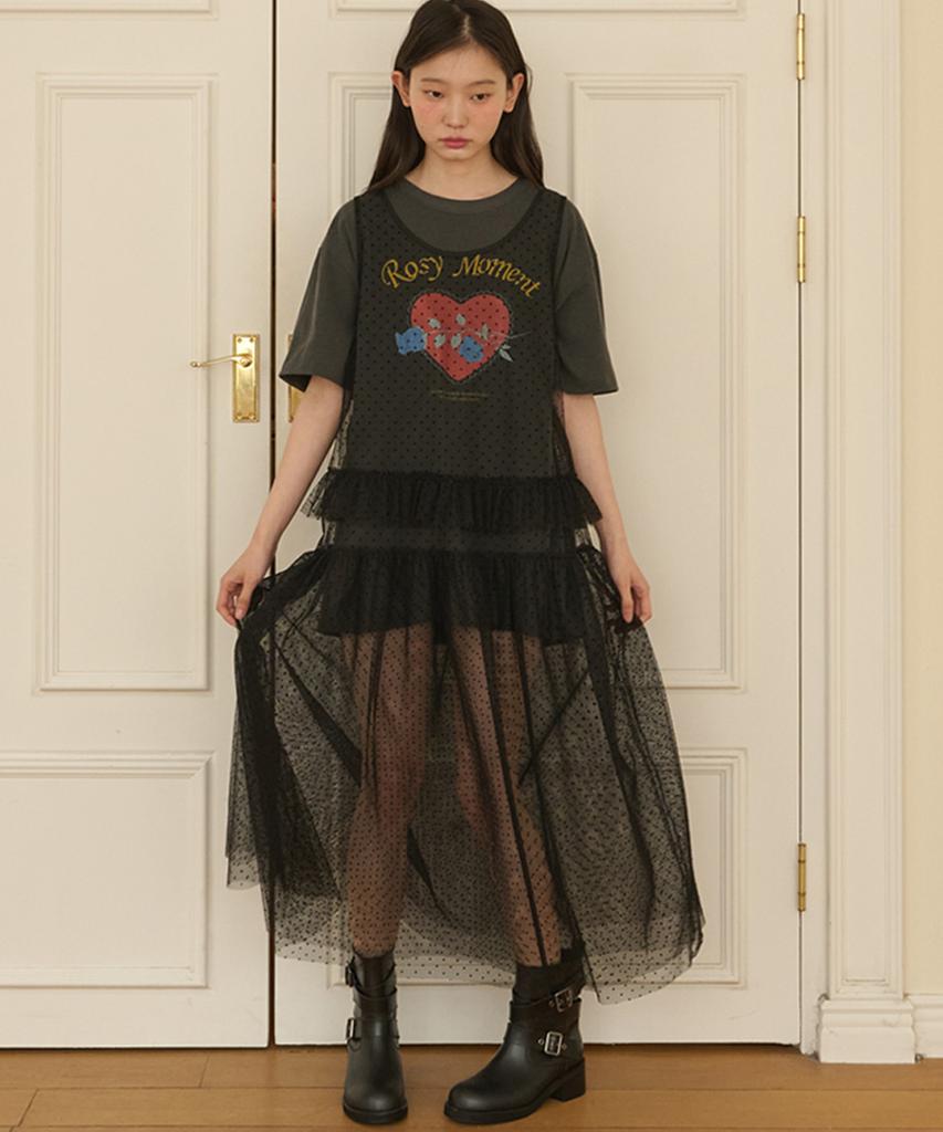 Opening Sunshine Dot See-Through Long Layered Mesh Dress_Black