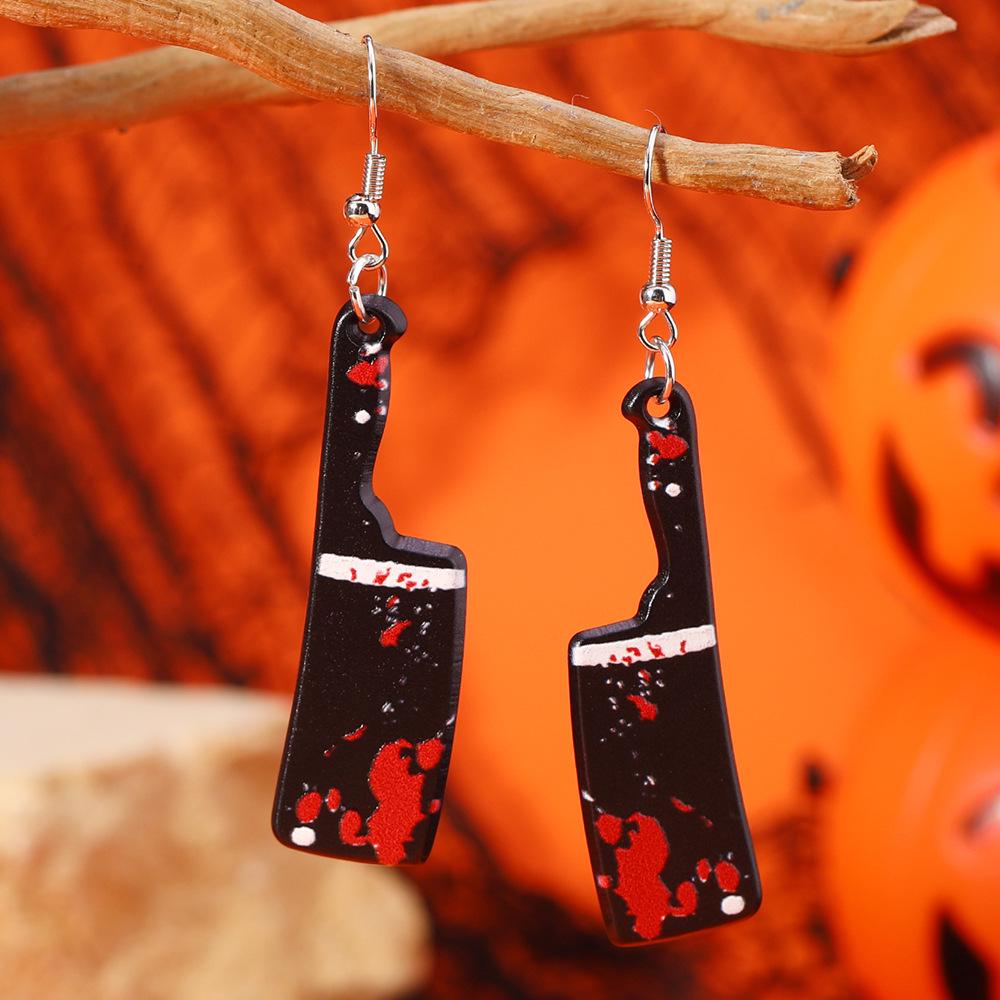 Retro Halloween Kitchen Knife & Axe Earrings: Creative Bloodstain Scissors Ear Ornaments for Women
