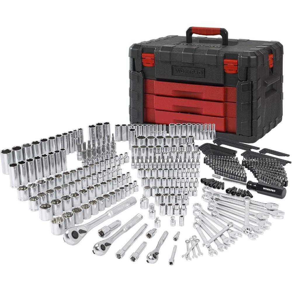 WORKPRO 450-Piece Drive Socket Set 1/2 1/4 3/8, CR-V Metric and Imperial with Quick-Release Ratchet Wrench, Spanners, Bits Set,
